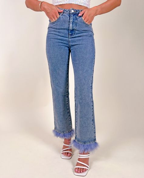 Jeans With Feather Trim, Feather Trim Pants, Rainbow Jeans, Diy Pants, Knee Boots Outfit, Feather Diy, Feather Trim, The Jeans, Boots Outfit