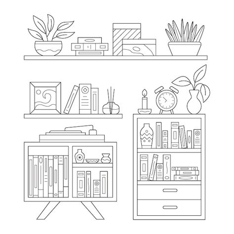 How To Draw Bookshelf, Things To Draw For Your Room Wall Art, Bookcase Drawing, Organization Drawing, Shelf Illustration, Bookshelf Drawing, Shelf Drawing, 2d Cafe, Bujo 2025