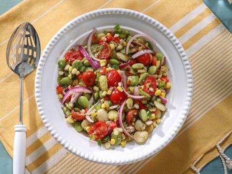 Lima Bean Salad Recipe | Kardea Brown | Food Network Lima Bean Salad Recipes, Lima Bean Salad Cold, Lima Bean Salad, Lima Bean Recipes, Kardea Brown, Bbq Salad, Garlic Vinaigrette, Soul Food Restaurant, Brown Food