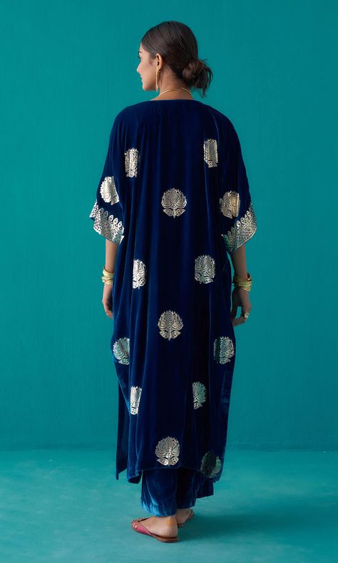 Velvet Palazzo, Kaftan Set, Blue Kaftan, Block Printing, Silk Velvet, Blue Fabric, Block Print, Foil, Thing 1