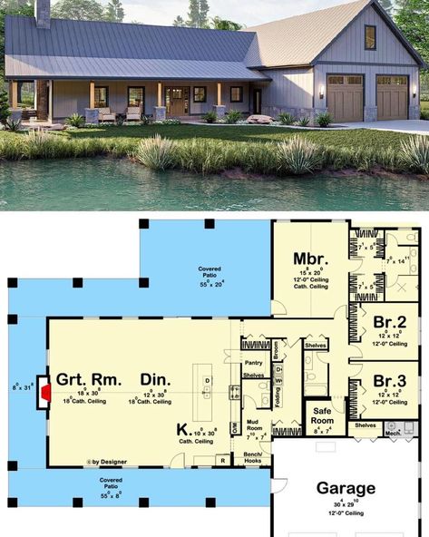 2,758sqft 3 Bedroom Barndominium!... - Buckeye Barndo Designs Barndo Designs, Wraparound Porch, Affordable House Plans, Bedroom Barndominium, Barndominium Floor Plans, Safe Room, American House, Open Space Living, Barn Style House