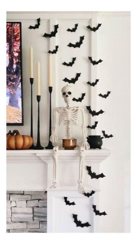 Fireplace Mantel Halloween Decor, Bat Mantle Decor, Bat Fireplace Decor, Bats On Mantle, Bats Out Of Fireplace, Bats Over Fireplace, Bats On Fireplace Halloween, Decorate With Skeletons, Year Round Spooky Home Decor