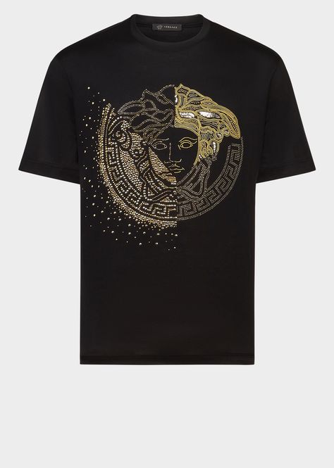 Versace Embroidered Crystal Medusa T-Shirt for Men | US Online Store Mens T Shirt Outfit, Elevated Branding, Versace Hoodie, Tee Embroidery, Versace Clothing, Oversize Tshirt Outfits, Versace Print, Gucci Shirts, T Shirt Outfit