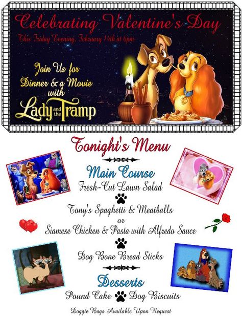 Dinner & a Movie with Lady and the Tramp Menu & Dessert Items Disney Movie Night Ideas, Disney Movie Themed Dinner, Disney Dinner And A Movie, Movie Meals, Movie Themed Dinner, Disney Movie Night Menu, Dinner Movie Night, Disney Date Night, Disney Themed Movie Night