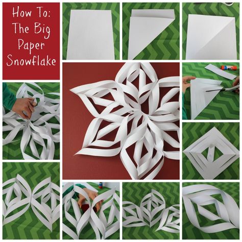 Paper Strip Snowflake, Big Snowflakes Paper, How To Make Big Snowflakes Out Of Paper, Big Paper Snowflakes Diy, Diy Big Snowflakes, Big Snowflakes Diy, Big Paper Snowflakes, Wrapping Paper Snowflakes, Big Snowflakes