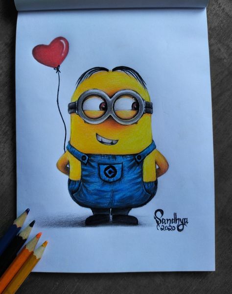 Cute little minion using color pencils. #minion #minionart #miniatureart #cute Minion Pencil Drawing, Cartoon Drawing With Colour, Minion Illustration Art, Minions Cute Drawing, Cute Pencil Colour Drawing, Colourful Doodle Art Drawings Cute, Painting With Color Pencil Ideas, Minion Painting Easy, Pencil Color Art Easy