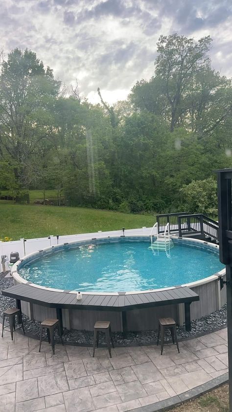 Above Ground Pool Setup, Backyard Amenities, Pool Edging, Pool Bar Ideas, Above Ground Pool Ideas Landscaping, Decks Around Pools, Pool Deck Plans, Pool Porch, Semi Inground Pools