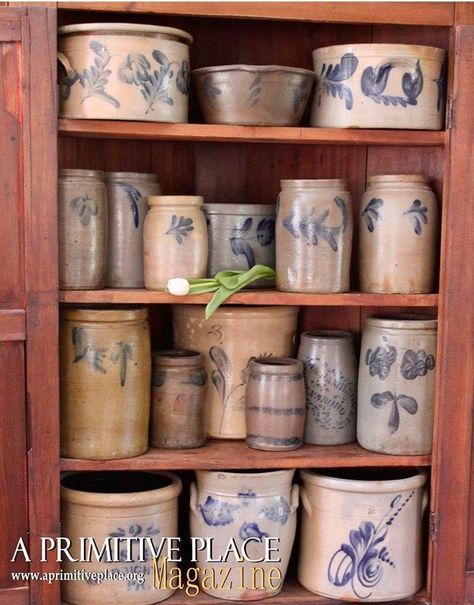 Crock Decor, Rustic Antique Decor, Primitive Decorations, Primitive Kitchens, Kitchen 2022, Jug Decor, Antique Stoneware Crocks, Country Bathroom Decor, Primitive Cupboards