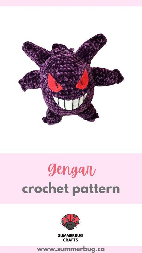 Gengar Pokemon Crochet Pattern Free, Crochet Gengar Free Pattern, Gengar Crochet Pattern Free, Gengar Crochet Pattern, Crochet Gengar, Chunky Yarn Crochet Pattern, Bernat Velvet, Chunky Yarn Crochet, Crochet Ghost