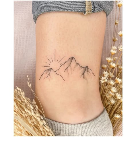 Sun Mountain Tree Land Water Tattoo, Mountain And Constellation Tattoo, Mountain Sun Tattoo Simple, Banff Tattoo Ideas, Mountain Band Tattoo, Mountain Sunrise Tattoo, Colorado Mountain Tattoo, Mountain Sunset Tattoo, Granola Girl Tattoo