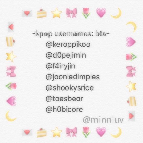 Cute Aesthetic Usernames Kpop, Aesthetic Insta I'd Names, Kpop Ig Username Ideas, Aesthetic Insta Username Ideas Korean, Usernames For Mia, Kpop Related Username, Cute Kawaii Username Ideas, Kpop Fan Username Ideas, Sana Username Ideas