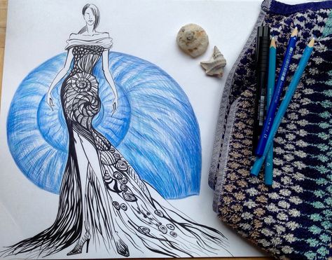 The Sea Shell Dress, pen & pencil illustration. Sea Shell Fashion Dress, Seashell Inspired Garments, Sea Inspired Fashion Sketches, Sea Shell Dress Design, Sea Shell Inspired Dress, Ocean Theme Dress Illustration, Sea Shell Inspired Fashion, Seashell Inspired Fashion, Sea Shell Drawing