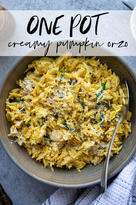 Made in one pot and packed with cozy fall flavors, this creamy pumpkin orzo is perfectly cheesy, creamy, and loaded with flavorful pumpkin, wilted spinach, and tender orzo. Pumpkin Orzo, Orzo Recipes Healthy, Pumpkin Alfredo Sauce, One Pot Orzo, Maple Recipes, Wilted Spinach, Slow Cooker Pumpkin, Orzo Recipes, Fall Flavors