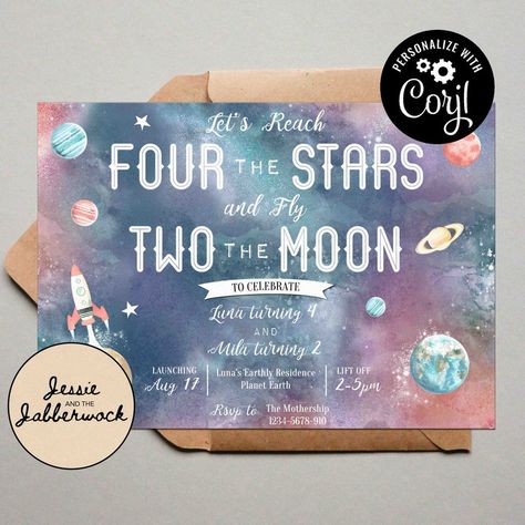 Reach For The Stars Party, Reach Four The Stars Birthday Ideas, Reach 4 The Stars Birthday, Star Birthday Invitation, 2 The Moon Invitations, Invite Design, Sibling Birthday Parties, Combined Birthday Parties, Planet Party