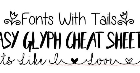 Reformatted & two new pages added - Fonts With Tails Cheat Sheets. (Cheat Sheets for fonts like I love glitter, that have "easy glyphs" that do not require a character map to use) https://fieldsofhether.blogspot.com/2017/09/fonts-with-tails.html I Love Glitter Font Cheat Sheet, Fonts With Glyphs Free, Fonts For Christmas, Fonts With Tails, Cricut Pins, I Love Glitter Font, Free Cursive Fonts, Glyph Font, Svgs Free