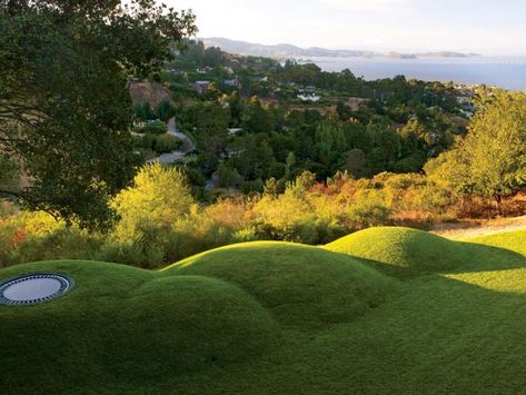 For a Marin, California, family with three children, landscape architect James Lord, a principal at San Francisco’s Surfacedesign Inc., made a necessary land stabilization project do double duty by creating these earth forms the family calls “Hobbit hills.” Grass Mounds, Ground Trampoline, Dining Nooks, In Ground Trampoline, Backyard Trampoline, Creative Landscape, Erosion Control, Areas Verdes, Vevey