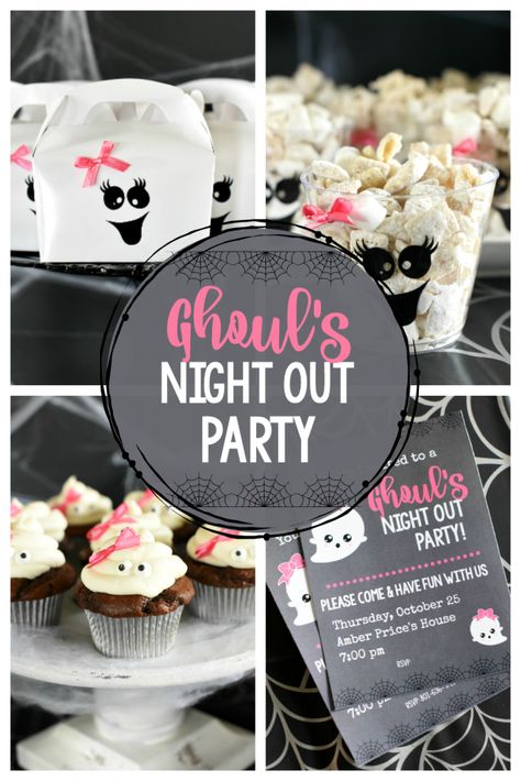 Fun Girl's Night Out Halloween Party Ideas Girly Halloween Backdrop, Pinkoween Party, Happy Booday Party, Witch Birthday, Bunco Themes, Bunco Night, Ghouls Night, Girly Halloween, Halloween Backdrop