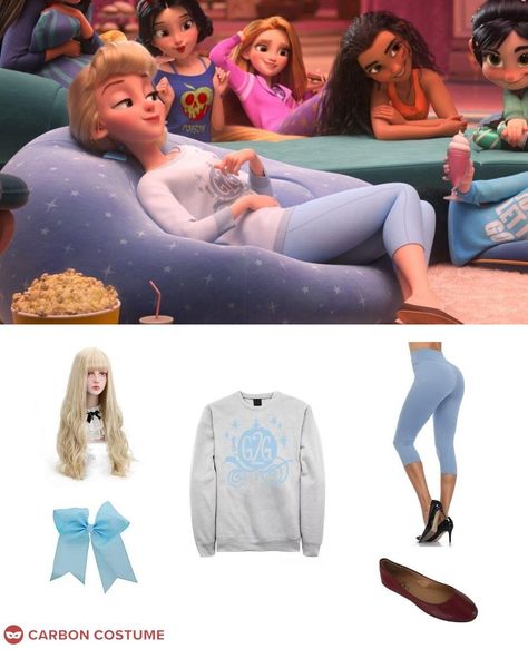 In Wreck It Ralph 2: Ralph Breaks The Internet, Vanellope Von Schweetz encounters her fellow Disney princesses. Cinderella (voiced by Jennifer Hale) wears pajamas for the slumber party featuring a gray sweater and light blue leggings. The shirt features her signature carriage with the acronym "G2G." You can the guide for her classic look here. Princess Pajamas, Cinderella Wreck It Ralph, Wreck It Ralph Princesses Pajamas, Ralph Breaks The Internet Cinderella, Wreck It Ralph Costume, Disney Style Series Dolls, Disney Princess Animator Dolls, Disney Princess Pajamas, Light Blue Leggings