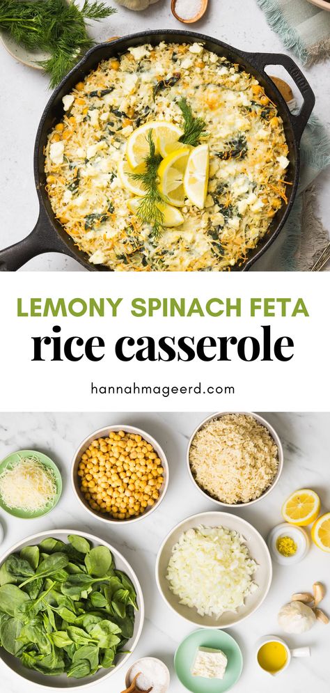 Get a healthy dinner on the table in less than 30 minutes with this quick and easy spinach feta and rice casserole. he recipe features plant-based protein from fibre-rich chickpeas, plus nutrient-dense baby spinach and TWO types of cheese (feta and parmesan). #healthydinnerideas #healthydinner #easyhealthymeals #easymealideas #plantbasedrecipes #plantbaseddinner #onepanmeals #onepandinner #spinachfeta #casserole Spinach Feta Rice, Spinach Feta Rice Casserole, Rice Casserole Recipes Vegetarian, Easy Nutrient Dense Meals, Spinach And Rice Recipes, Spinach And Feta Recipes, Protein Casserole Recipes, Nutrient Dense Dinner, Spinach Rice Casserole