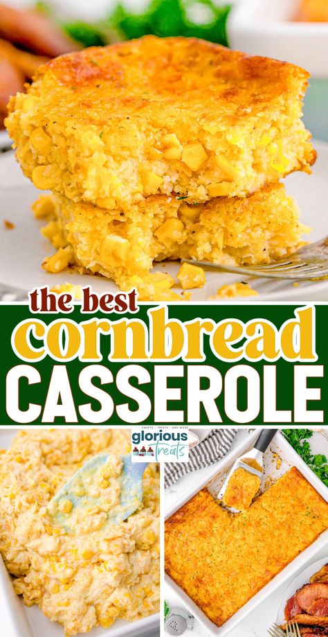 This cheesy Cornbread Casserole is a delicious blend of sweet and savory with a soft texture that is guaranteed to be a crowd-pleaser. It's made with a mix of corn, cheese, and a few secret ingredients that make every bite irresistibly good. The best part? It comes together in just one dish, making cleanup a breeze! | GloriousTreats.com Cornbread Recipe Casserole, Southern Cornbread Casserole, Cornbread Dinners, Cornbread With Corn In It, Corn Cornbread Casserole, Easy Cornbread Casserole, Cornbread Souffle, Cornbread Corn Casserole, Cornbread Dinner