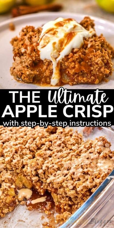 THE ULTIMATE APPLE CRISP RECIPE - Imagine this: tender, succulent apple chunks baked to perfection, crowned with a delicious medley of crisp oats, rich brown sugar, and heartwarming fall spices. It’s amazing, served with a generous scoop of vanilla ice cream and homemade caramel sauce. Apple Crisp Recipe With Oats, Homemade Apple Crisp, Crisp Recipes, Easy Apple Crisp, Best Apple Crisp, Easy Apple Crisp Recipe, Apple Crisp Recipe, Apple Crisp Easy, Oat Crumble