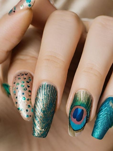 155+ Creative Peacock Nail Designs and Ideas to Try Peacock Nails Design, Peacock Nail Designs, Peacock Nail Art, Peacock Nails, Feather Nail Art, Feather Nails, Nail Art Designs Images, Art Design Ideas, Nail Art Supplies