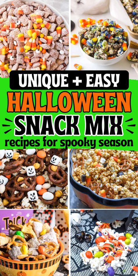 Easy Halloween snack mix recipes that make fun spooky treats for parties, cheap movie night snacks and festive Halloween potluck ideas for a crowd. Good Halloween Snacks, Spooky Trail Mix Ideas, Spooky Snack Mix For Halloween, Halloween Snack Mix For Kids, Halloween Work Snacks, Halloween Candy Mix Ideas, Halloween Chex Mix For Kids, Fall Snack Mixes Recipes, Halloween Snacks For Office Party