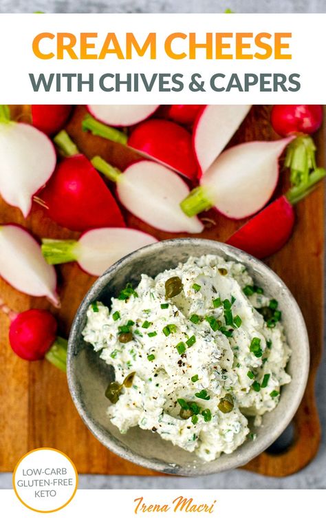 Learn how to make versatile whipped cream cheese with chives and capers that can be used in many ways: as a cream cheese dip or spread, with smoked salmon, tossed through hot pasta or vegetables, or as a stuffing in mushrooms or jalapeno poppers. Low-carb, keto, gluten-free. Cream Cheese Dip, Steamed Cauliflower, Fried Mushrooms, Cream Cheese Dips, Cream Cheese Spreads, Delicious Cream, Whipped Cream Cheese, Party Appetizers, Cream Cheese Recipes