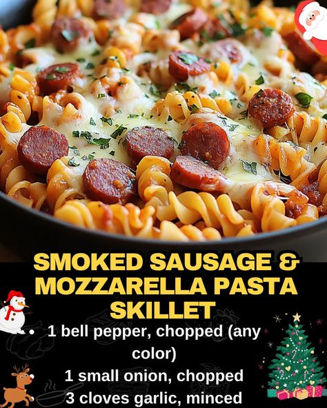 Smoked Sausage & Mozzarella Pasta Skillet Kielbasa Sausage Recipes Pasta, Kilbasa Sausage Pasta Recipe, Recipes With Kabasa Sausage Recipes, Sausage Pasta Bake Recipes, Smoked Kielbasa Recipes, Turkey Kielbasa Recipes Pasta, Recipes With Kielbasa Sausage, Smoked Sausage Pasta Recipes, Kiolbassa Sausage Recipes