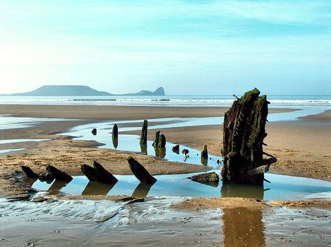 Welsh Beaches, Wrecked Ship, Rhossili Bay, Wales Beach, Coastal Calm, Uk Landscapes, Gower Peninsula, Wales Travel, West Wales