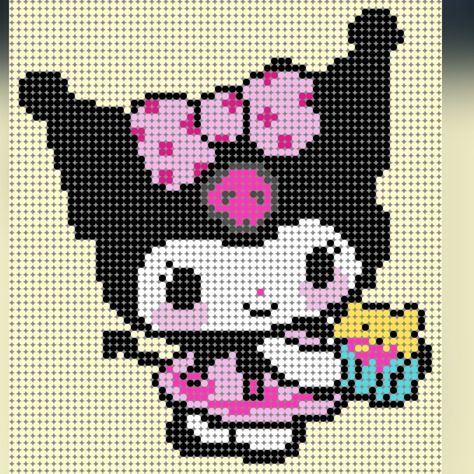 Kuromi Cross Stitch, Kuromi Hama Beads, Sanrio Cross Stitch, Cat Cross Stitch Charts, Hama Art, Helloween Wallpaper, Cross Stitch Fairy, Pixel Art Templates, Crochet Pillow Pattern