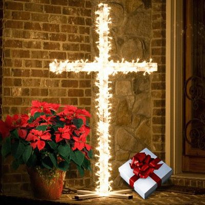 I'd like to do this in my yard with two deer looking up at the cross.  Without the cross, the manger would not be celebrated! Plywood Ideas, Cross Ideas, Church Christmas Decorations, Church Altar, Christmas Light Installation, Christmas Windows, Christmas Church, Christmas Game, Religious Crafts