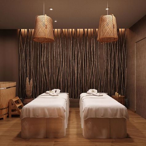 Spa Room Wall, Spa Bamboo, Bali Spa Interior Design, Massage Spa Design Interior, Wabi Sabi Spa, Skin Care Room Design, Massage Room Design Luxury, Facial Room Design, Day Spa Interiors