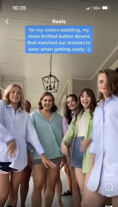 Bridal Party Button Down Shirts, Bridesmaids Button Down Shirts, Thrifted Bridesmaid Dresses, Bridal Party Tshirts, Bridesmaid Get Ready Outfit, Bridesmaid Pjs, Bridal Party Getting Ready, Bridesmaid Getting Ready, Getting Ready Wedding