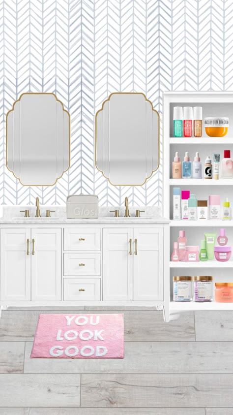 preppy bathroom design! 🏝️ #beauty #homedecor #inspo #preppy #preppyinspo #makeup #skincare #treehut #drunkelephant #soldejaneiro #glossier #glowrecipe #shuffflesbym #fyp #followforfollow #fypshuffle Preppy Bathroom, Shuffles Preppy, Velvet Wallpaper, Aesthetic Bathroom, Preppy Room Decor, Guest Bathrooms, Preppy Room, Attic Rooms, Room Renovation