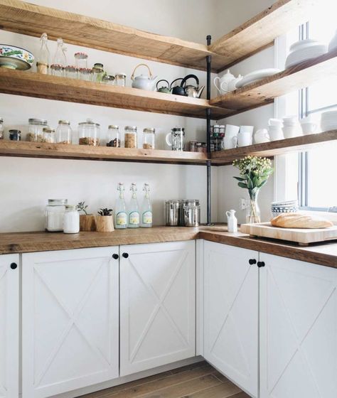 Kitchen Shelf Design, Kitchen Open Shelves, Cottage Kitchen Cabinets, Open Pantry, White Pantry, Wooden Countertops, Wood Countertop, Pantry Cabinets, Kitchen Open