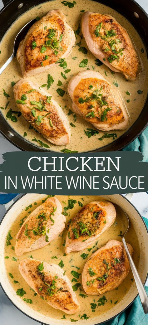 Chicken in White Wine Sauce – Indulge in this Creamy Chicken in White Wine Sauce, featuring succulent chicken cooked in a luscious, creamy sauce. Serve it over pasta or rice for a satisfying meal that feels like a restaurant experience at home. White Wine Reduction Sauce Chicken, White Wine Chicken Recipes, White Wine Chicken Pasta, Chicken With White Wine Sauce, Chicken In White Wine Sauce, Lemon White Wine Sauce, Chicken In Wine Sauce, Chicken In White Wine, Chicken White Wine Sauce