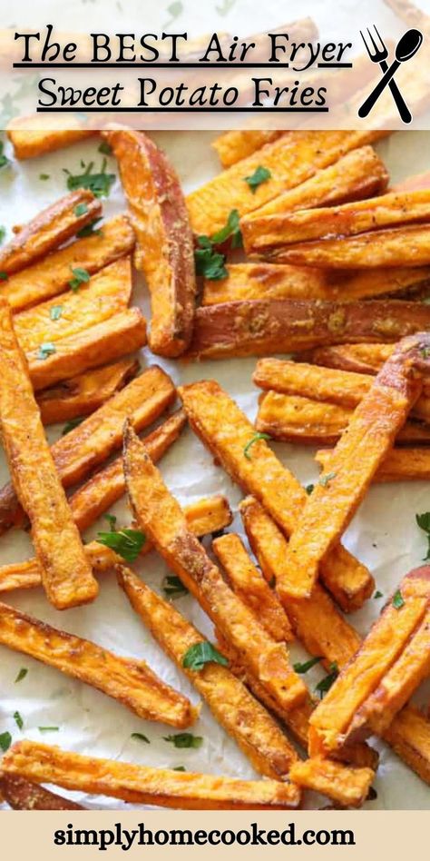 These are the BEST Air Fryer Sweet Potato Fries! They’re crisp, well-seasoned, and make the perfect healthy snack when you’re craving fries. Sweet Potato Fries Air Fryer, Yam Fries, Air Fryer Sweet Potato Fries, Making Sweet Potato Fries, Frozen Sweet Potato Fries, Crispy Sweet Potato Fries, Sweet Potato Recipes Fries, Crispy Sweet Potato, Healthy Afternoon Snacks