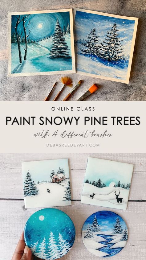 white winter snowfall landscape with pine trees acrylic painting on paper and coasters Acrylic Painting Ideas Winter, More To Explore, Xmas Tree Painting, Winter Acrylic Paintings Easy, Winter Scene Paintings Easy, How To Paint Pine Trees Acrylic, Easy Winter Paintings For Beginners, Easy Christmas Paintings For Beginners, Watercolor Christmas Cards Diy