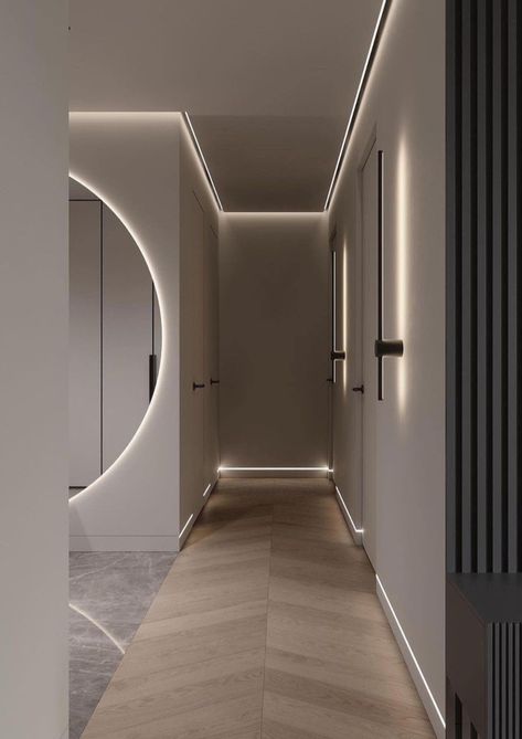 Contemporary Corridor Design, House Corridor Design Modern, Corridor Mirror Ideas, Corridor Lighting Home Hallways, Corridor Design Home Entrance Halls, Corridors Design, Corridors Design Home, Entrance Corridor, Building Lighting