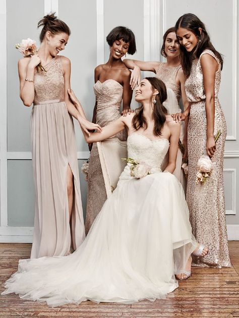 Four Bridesmaids, Sorella Vita Bridesmaid Dresses, Bridesmaid Dresses Under 100, Bridesmaids Dress Inspiration, Champagne Bridesmaid Dresses, Champagne Bridesmaid, Sequin Bridesmaid, Gold Wedding Dress, Gold Bridesmaid Dresses