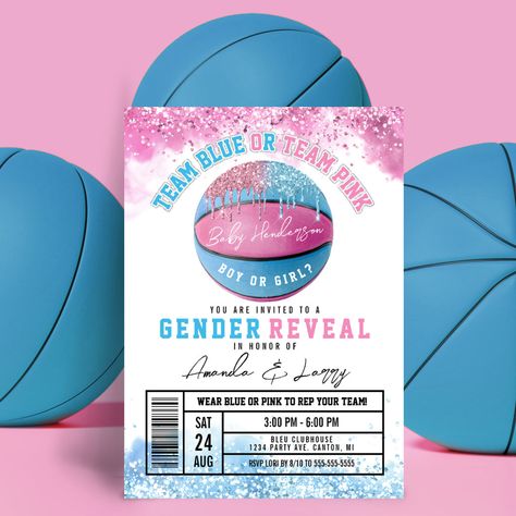 Basketball Gender Reveal Decorations, Gender Reveal Basketball Theme, Basketball Pregnancy Announcement, Sports Gender Reveal, Basketball Gender Reveal, Gender Reveal Unique, Basketball Baby, Gender Reveal Themes, Gender Reveal Party Invitations