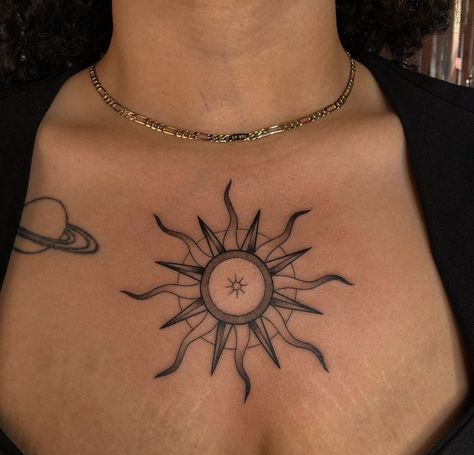 Stomach Tats For Women, Sun Chest Tattoo, Sun With Face Tattoo, Unique Minimalist Tattoo, Sun Tattoo Designs, Hippie Tattoo, Boho Tattoos, Cool Chest Tattoos, Chest Tattoos For Women