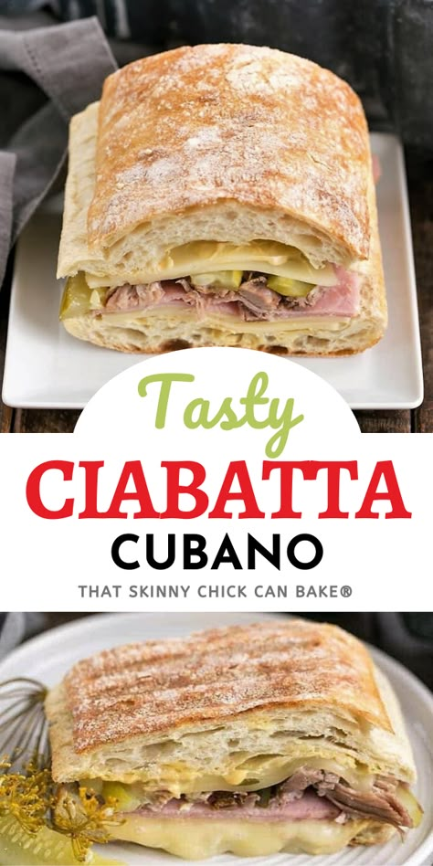 Ciabatta Cubano Sandwich Recipe - An out of this world "grilled pork and cheese" Cuban sandwich! Sandwich Cubano, Cuban Sandwich Recipe, Cubano Sandwich, Savory Ham, Best Sandwich Recipes, Cuban Sandwich, Ciabatta Bread, Roasted Pork, Sandwiches And Wraps