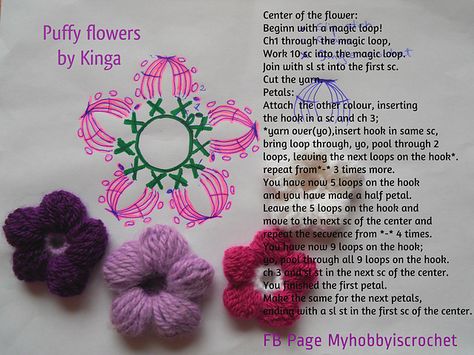 Ravelry:  Puffy Flowers by Kinga- Free written pattern and CHART Crochet Baby Sandals Pattern, Puff Stitch Crochet, Puff Flower, Crochet Puff Flower, Crochet Stitches Guide, Crocheted Flowers, Crochet Washcloth, Crochet Plant, All Free Crochet