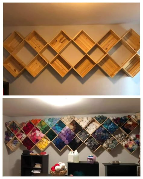 Crochet Craft Room Organization, Yarn Wall Organization, Yarn Storage Wall Organization Ideas, Yarn Wall Hanging Storage, Organizing Crochet Supplies, Crochet Room Ideas Craft Storage, Crochet Closet Organizer, Wall Yarn Storage, Yarn Storage Ideas Organizing