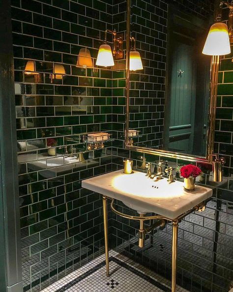 Mirror And Sconces, Waterproof Wall Panels, Green Tile Bathroom, Restaurant Bathroom, Bad Inspiration, Downstairs Bathroom, Green Bathroom, Guest Bathroom, Bathroom Inspiration