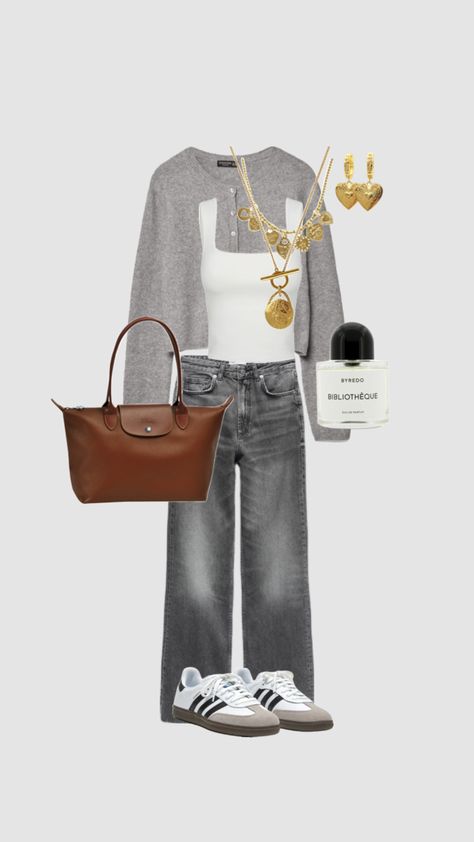 Grey Jeans, Fall Outfits, A Woman, Purse, Grey, White, Autumn Outfits