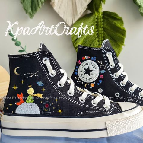 Little Prince and Roses Embroidery Converse/handmade Embroidered Little Prince/embroidered Converse/embroidered Universe and Stars Converse - Etsy Canada Embroidery Converse, Stars Converse, Stars Embroidery, Roses Embroidery, Stars Universe, Embroidered Converse, Converse Custom, Tie Sneakers, Cat Embroidery