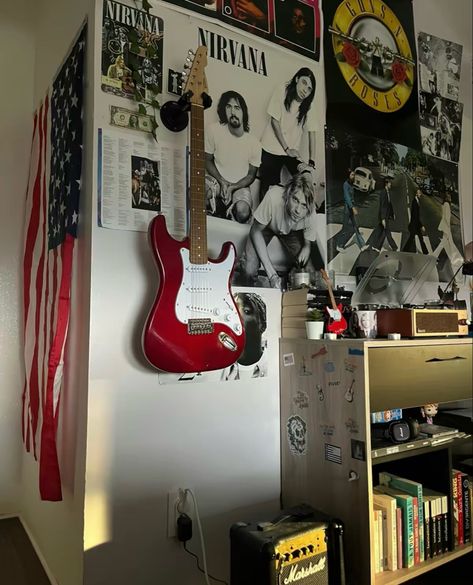 #room Room Decor Rock Style, Indie Rock Room, Rock N Roll Room Aesthetic, Band Room Aesthetic, Guitar In Room, Rockstar Room Aesthetic, Rock N Roll Room, Rock And Roll Bedroom, Rockstar Aesthetic Room